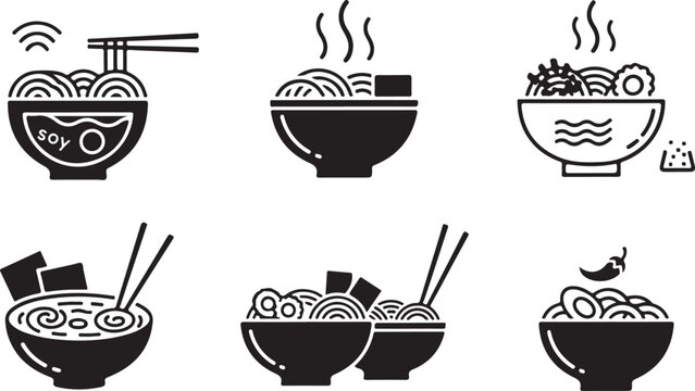 Collection of stylized black and white icons representing bowls of ramen noodles