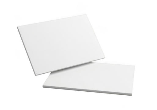 Two blank white rectangular canvas boards or thick paper sheets lying diagonally on a transparent background, perfect for art or design mockups, isolated on transparent background
