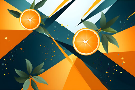 Vibrant abstract geometric composition featuring sliced oranges and green leaves