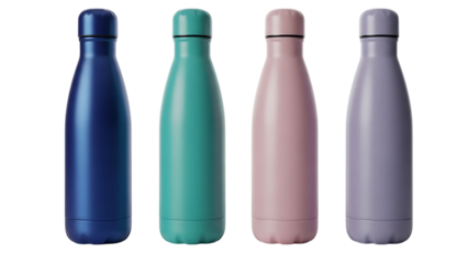 Four colorful reusable water bottles in blue green pink and purple isolated on transparent background