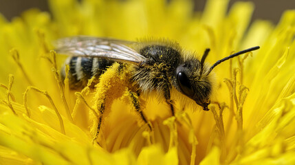 Bees collecting pollen from vibrant yellow flower in detailed macro shot Generative AI