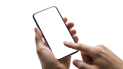 Close up of a hand holding a smartphone with a blank white screen and finger touching the display isolated on transparent background