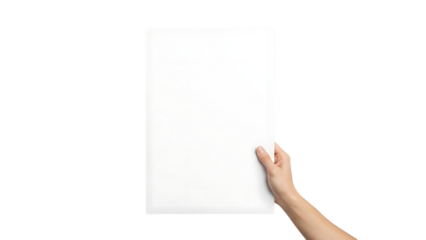 Hand holding a blank white paper sheet in portrait orientation isolated on transparent background