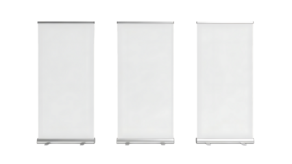 Three blank white roll up banner stands for advertising and promotion isolated on transparent background