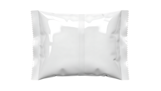 Blank white foil sachet packaging for food or medicine isolated on transparent background