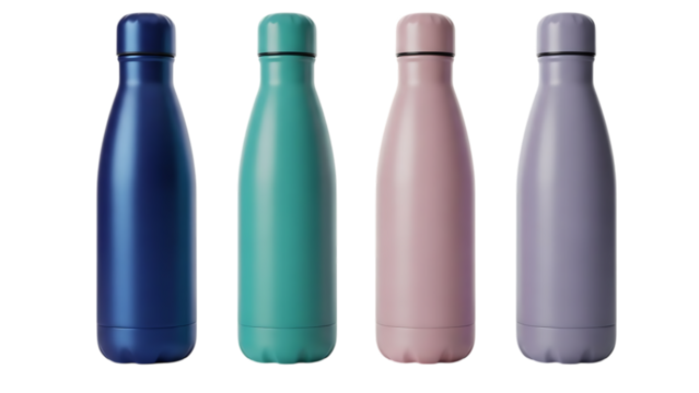 Four colorful reusable water bottles in blue green pink and purple isolated on transparent background
