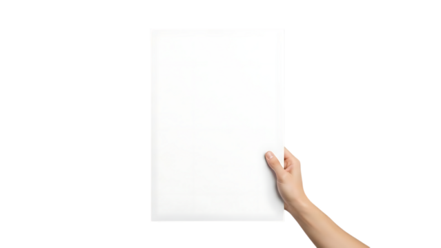 Hand holding a blank white paper sheet in portrait orientation isolated on transparent background