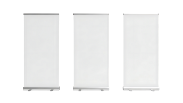 Three blank white roll up banner stands for advertising and promotion isolated on transparent background
