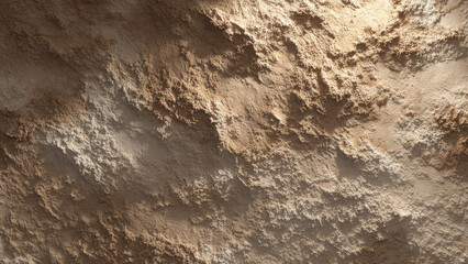 Detailed view of a rugged, granular surface. Earthy brown and beige textures, dramatic shadows, and bright highlights reveal an undulating, abstract landscape.