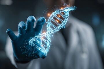 Scientist holding a glowing 3D DNA model in a laboratory setting during a research session