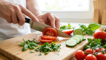 Slicing fresh vegetables for a vibrant summer salad in a bright kitchen