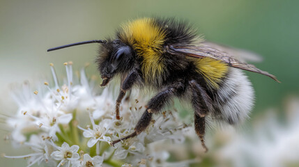 Close-up view of a bee collecting pollen from white flowers in a garden Generative AI