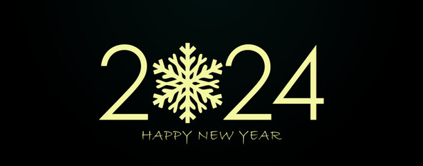 2024 Happy New Year Typography with Snowflake on Black Background