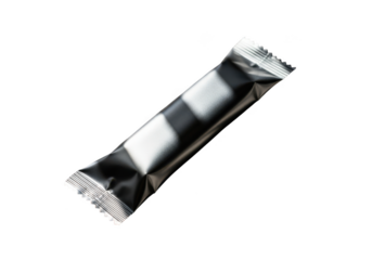 Single silver foil wrapped candy bar or snack stick product packaging isolated on transparent background
