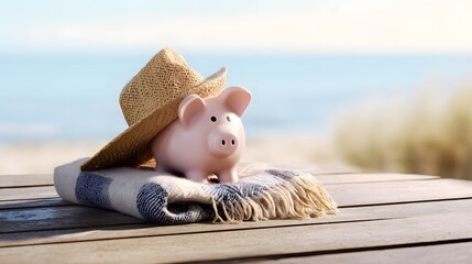 Summer savings a cute piggy bank rests on a table near the tranquil ocean shoreline lifestyle photography