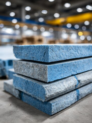 Stacked foam insulation boards in an industrial setting.