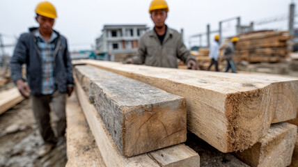 Workers handling lumber at a construction site.
