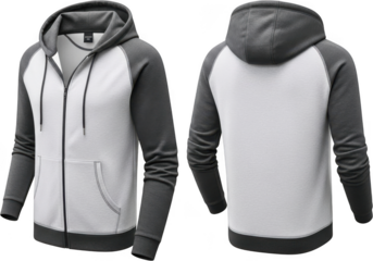 Two views of a mens raglan sleeve zipup hoodie jacket in white body and dark gray contrast sleeves, isolated on transparent background