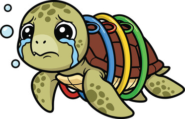Sad crying sea turtle trapped in plastic rings underwater illustrating marine pollution, wildlife danger, ocean contamination, environmental crisis, and plastic waste problem