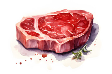 Watercolor painting of a raw marbled beef steak with herbs on white background