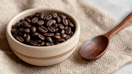 Fototapeta premium Coffee beans in a bowl with a wooden spoon on burlap fabric.