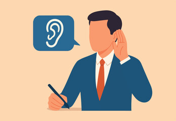 Active listening, communication skill to process information for job effectiveness, engage or aware on discussion or conversation concept, smart businessman listen to information to understand idea