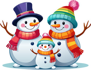Cute Colorful Snowman Family Wearing Hats and Scarves,
Joyful Winter Snowman Family Illustration,
Adorable Snowman Family in Festive Winter Outfits,
Bright Cartoon Snowmen with Hats and Scarves