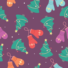 Winter seamless pattern with decorated Christmas trees, colorful knitted mittens. New year symbol. Vector illustration