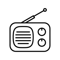 Minimalist line art of a small radio outline with one antenna and rounded knobs for a friendly and nostalgic vibe
