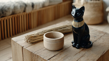 Egyptian cat statue on rustic wood table with decor.