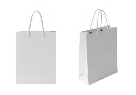 Two white paper shopping bags with handles shown from front and angled perspective isolated on transparent background - Powered by Adobe