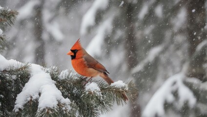Vibrant Red Cardinal Perched on Snowy Pine Branch in Winter.