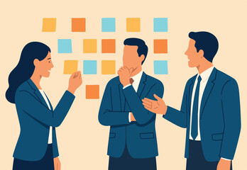 Obraz premium Agile scrum, sprint or idea brainstorming, teamwork planning development meeting, team meeting workflow or improvement feedback, business people team brainstorm and discuss on sticky notes.