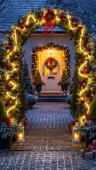 Obraz premium Festive christmas archway illuminated with lights leading to decorated house entrance