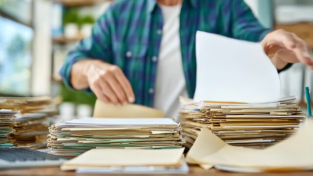 Hardworking professional sorting through a chaotic stack of papers and documents on their desk in the office. Emphasizing the demands of paperwork and organizational tasks