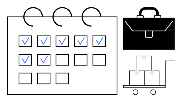 Calendar with checkmarks, black briefcase, and boxes on handcart illustrating planning, organization, and task management. Ideal for productivity, logistics, business, scheduling workflow goals
