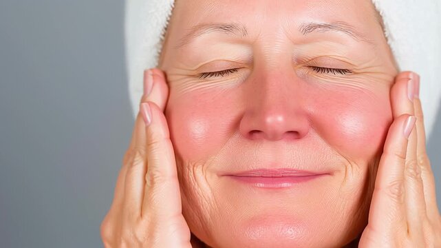 Older woman with a towel wrapped around her head giving herself a facial massage, highlighting the importance of self care, age defying routines, and beauty at every stage of life