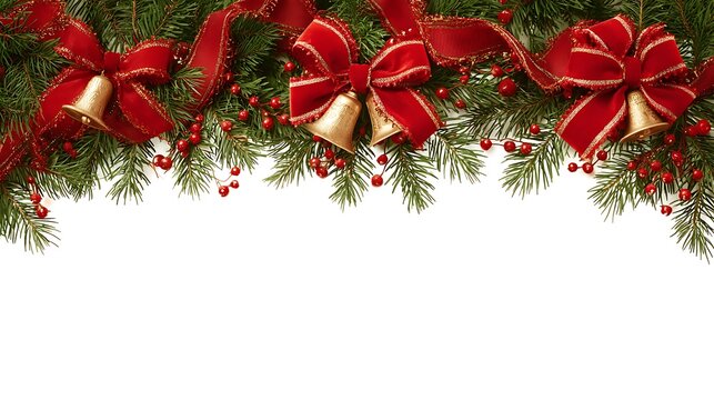 Christmas garland with red bows and golden bells isolated on white background