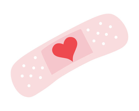 Cute adhesive plaster with red heart symbol isolated on white background. Adhesive medical plaster strip icon. Vector illustration