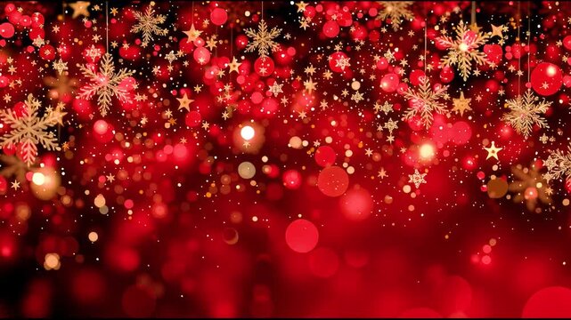 Festive red background adorned with shimmering snowflakes and sparkling ornaments, creating a warm holiday atmosphere, camera pans across the scene