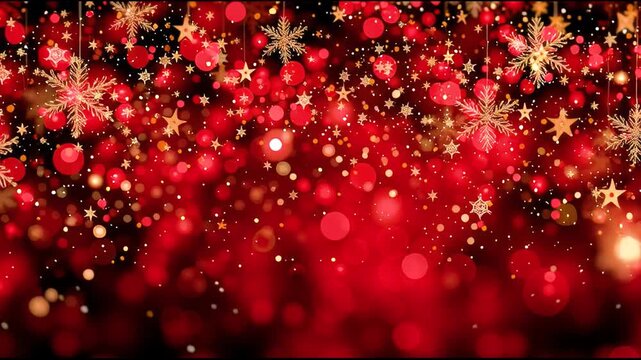Festive red background adorned with shimmering snowflakes and sparkling ornaments, creating a warm holiday atmosphere, camera pans across the scene