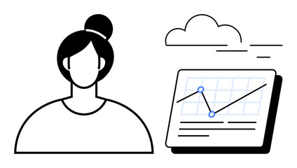 Woman portrait next to a data graph and cloud imagery showing growth trend. Ideal for business analytics, performance tracking, cloud computing, statistics, teamwork, planning, simple flat metaphor