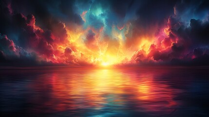 A vivid sunset over a calm ocean reflecting the colorful clouds in the sky with bright light