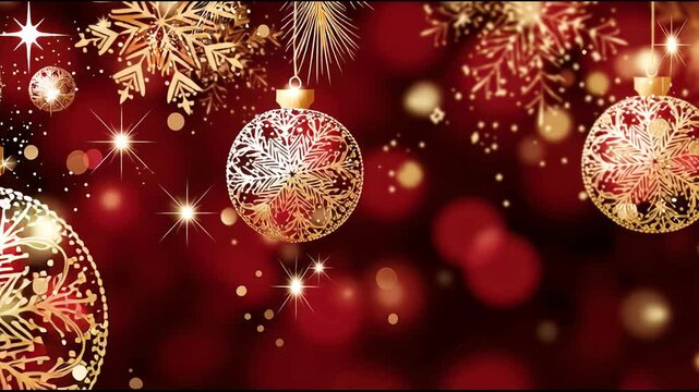 Festive red background adorned with shimmering snowflakes and sparkling ornaments, creating a warm holiday atmosphere, camera pans across the scene