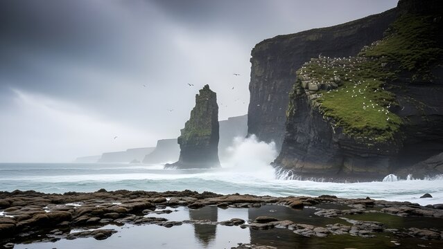 Dramatic seashore cliffs facing misty ocean waves under cloudy sky  