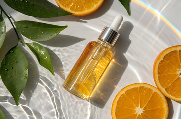 Serum product in orange toned bottle standing on glass surface, oranges cut in half decoration. holographic refraction light effect. long morning shadows