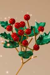 Cozy 3D Snowy Holly Branch with Glossy Berries