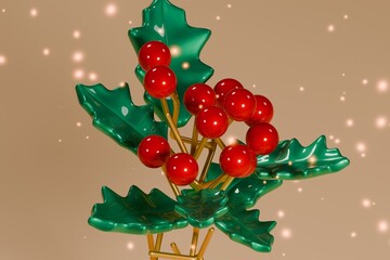 Cozy 3D Snowy Holly Branch with Glossy Berries
