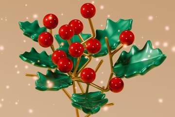 Cozy 3D Snowy Holly Branch with Glossy Berries
