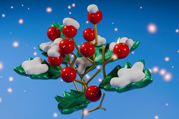 Cozy 3D Snowy Holly Branch with Glossy Berries